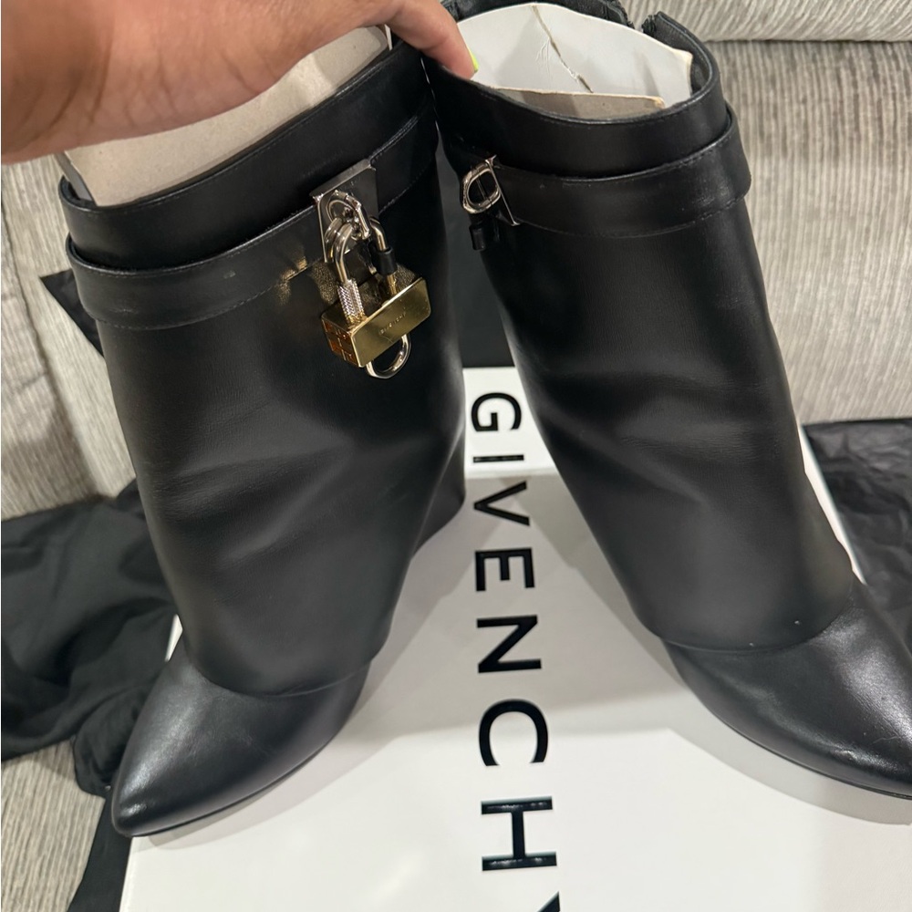Givenchy Black Leather Mid-Calf Boots with Gold Padlock Detail
